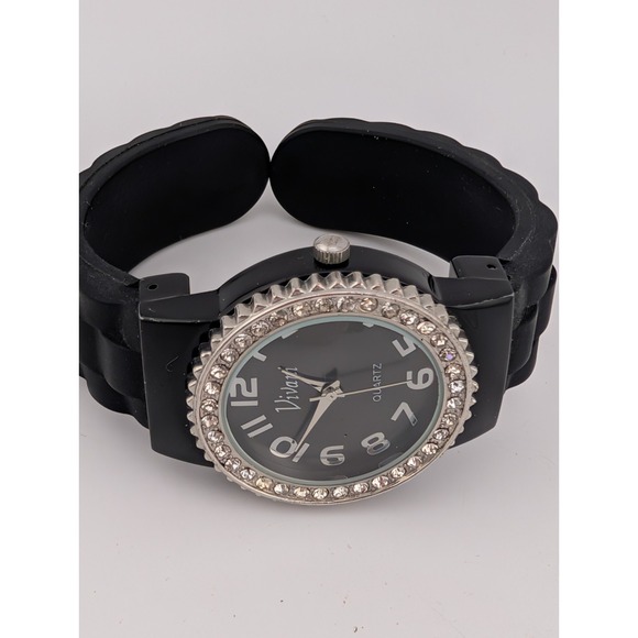 Vivani Watch Women 34mm Case Rhinestones Black Silicone Bangle Band- New Battery - Picture 3 of 7
